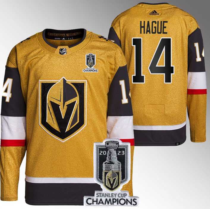 Men%27s Vegas Golden Knights #14 Nicolas Hague Gold 2023 Stanley Cup Champions Stitched Jersey->vegas golden knights->NHL Jersey